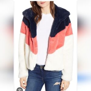 Madison and Berkeley faux fur jacket blue pink cream M